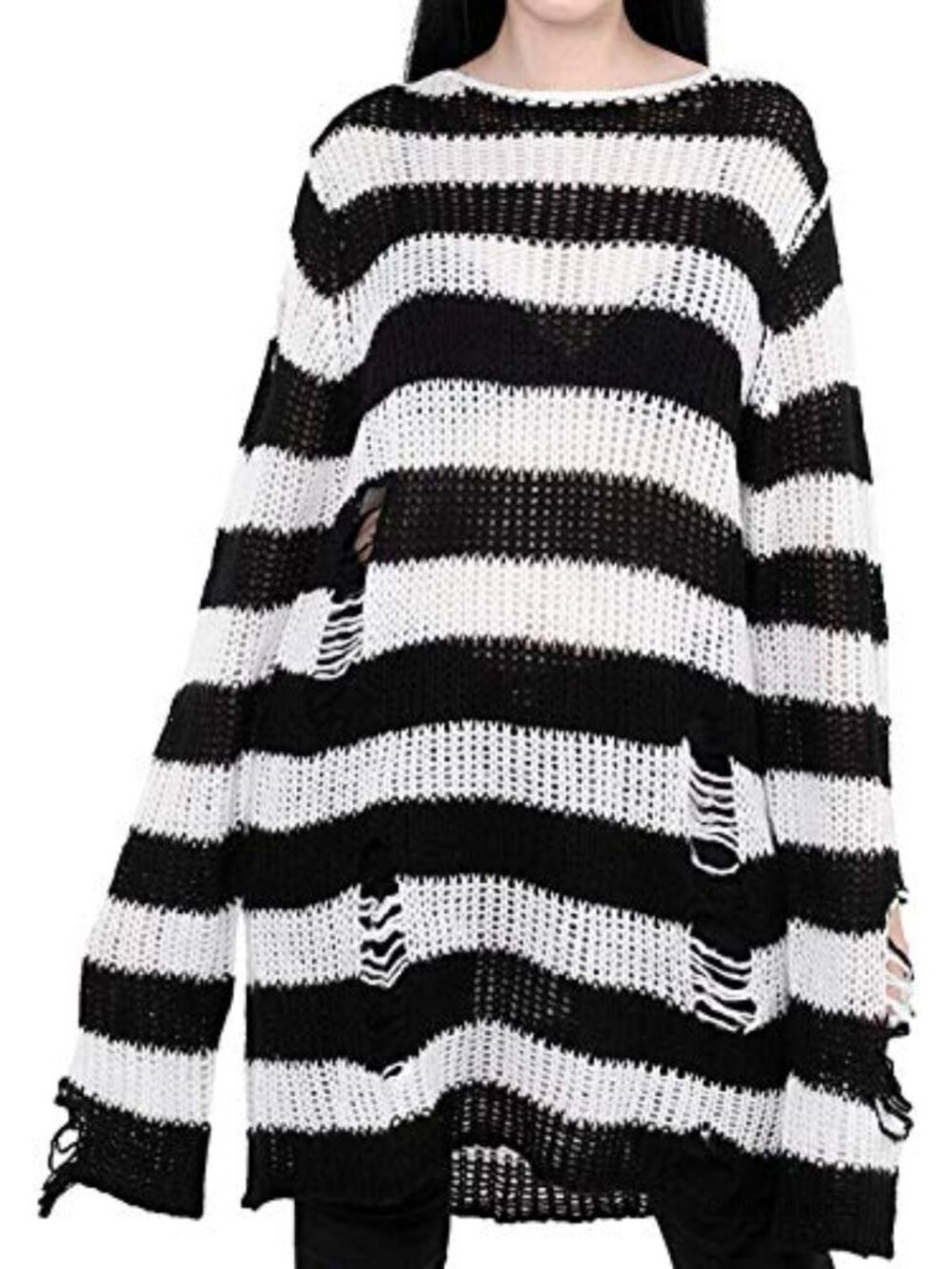 Ripped Striped Long Knit Pullover Sweater Dress